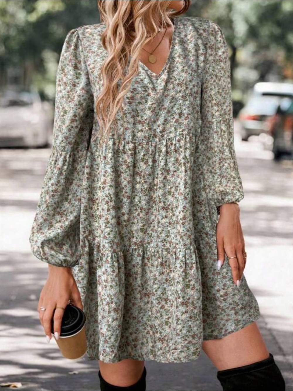 Floral Long Sleeve Mini Dress in Sage Green